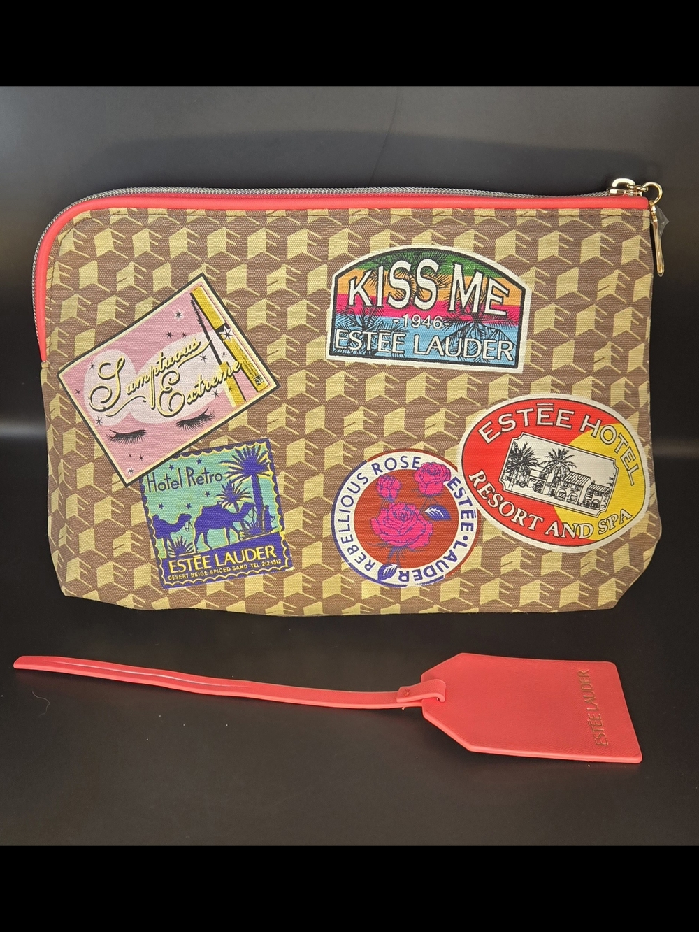 Estée Lauder Travel Pouch with Patchwork Logos - Brown & Coral
